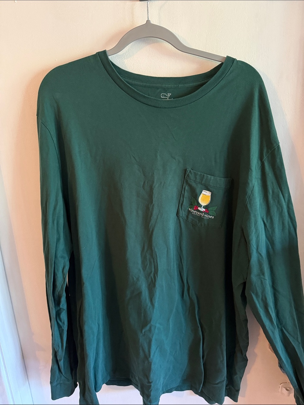 Vineyard Vines Forest Green Long Sleeve Pocket Tee with Wine Glass Embroidery
